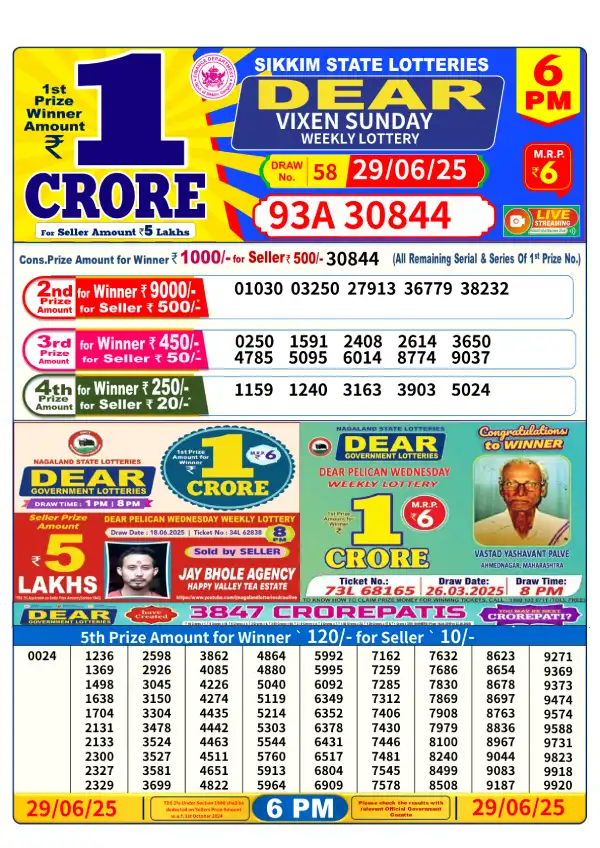 Dear Lottery 6 PM Result