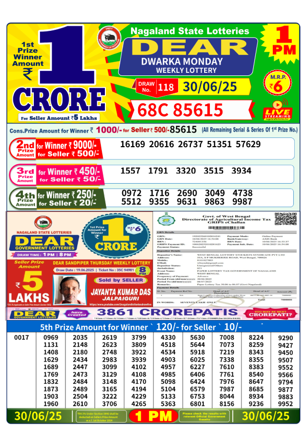 Dear Lottery Result 1 PM