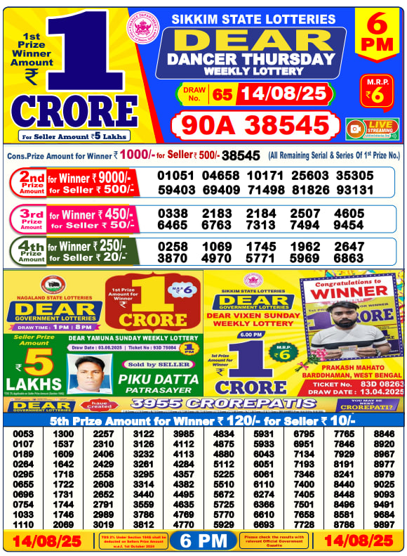 Dear Lottery Result Today 6 PM